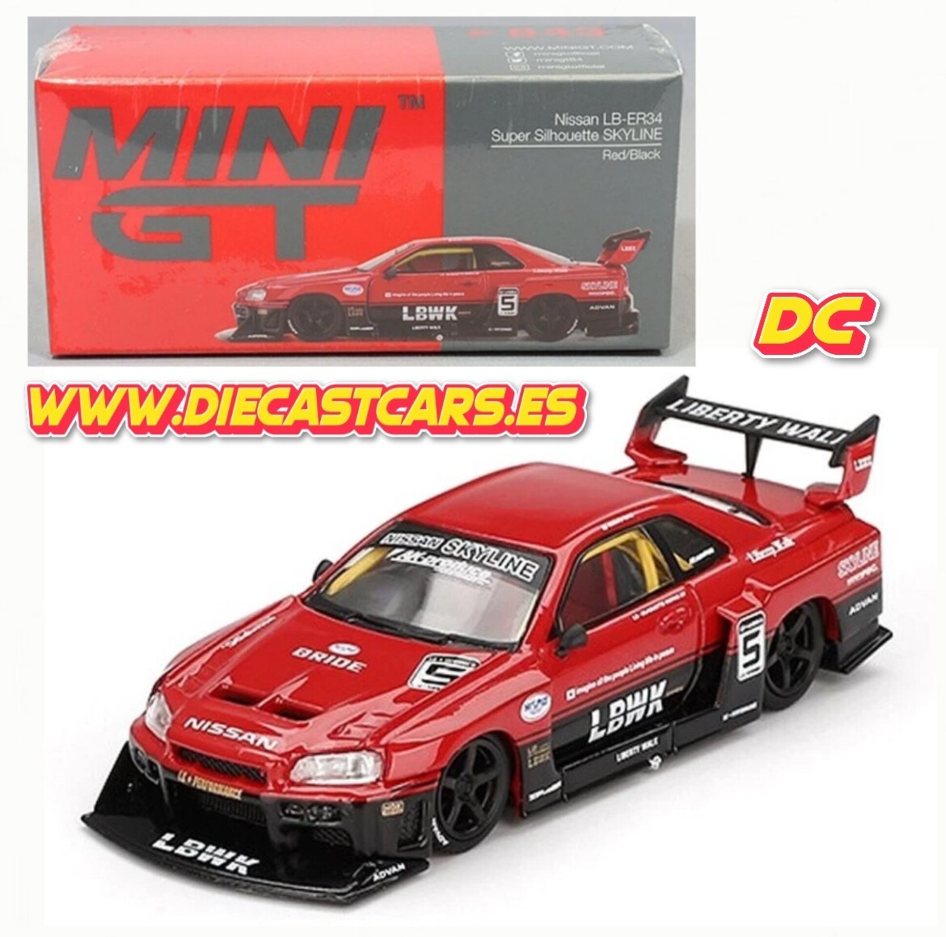 Mini GT NISSAN LB-ER34 SUPER SILHOUETTE SKYLINE LBWK Liberty Walk //843 Diecast - 1