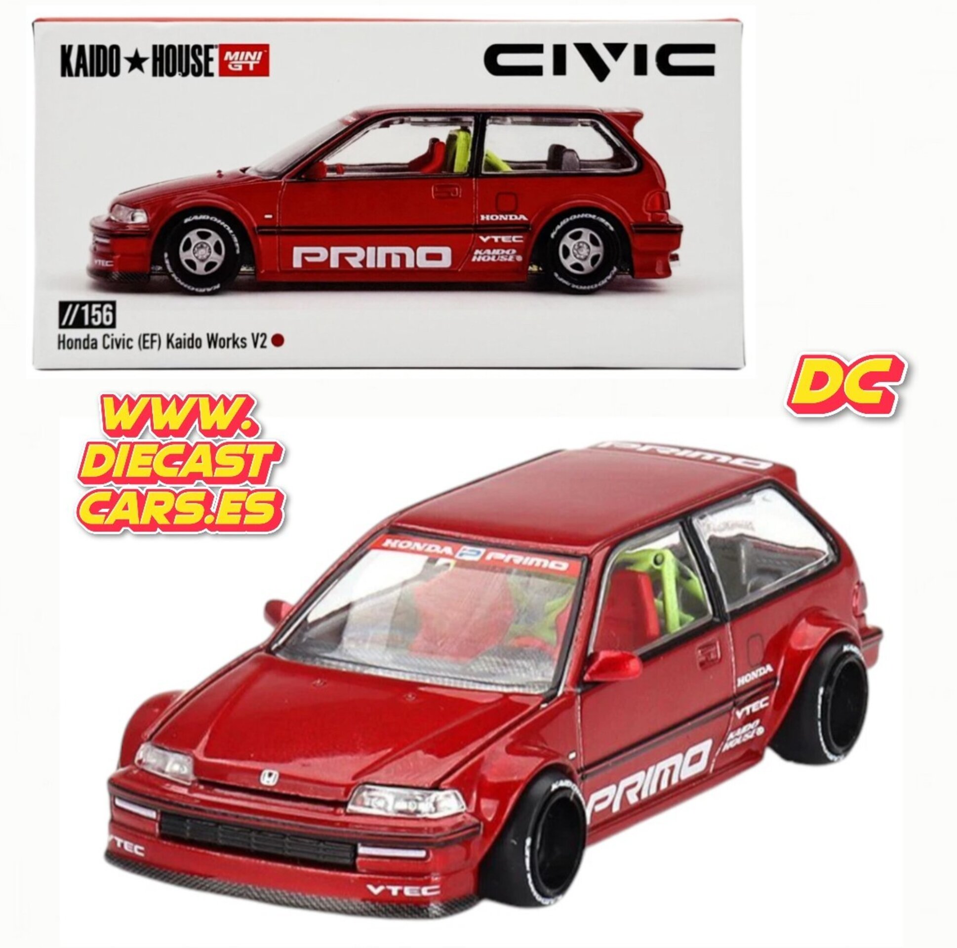 Mini GT Kaido House HONDA CIVIC (EF) Kaido Works V2 Rojo //156 Diecast 1:64 - 1